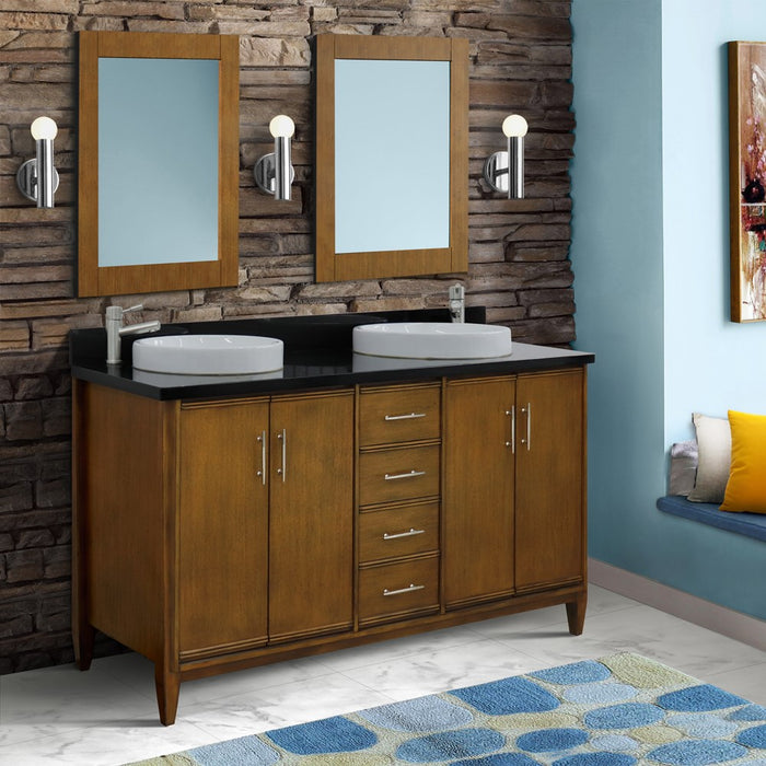 Bellaterra Home 61 in. Double Sink Vanity in Walnut Finish with Black Galaxy Granite and Round Sink