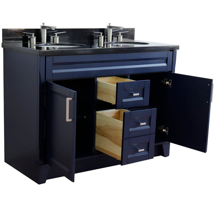 Bellaterra Home 49 in. Double Sink Vanity in Blue Finish with Black Galaxy Granite and Oval Sink