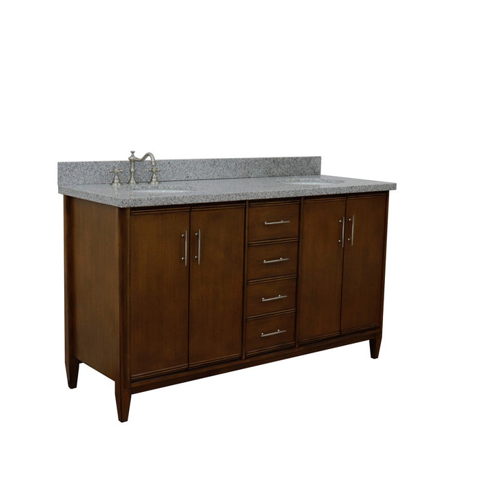 Bellaterra Home 61 in. Double Sink Vanity in Walnut Finish with Gray Granite and Oval Sink