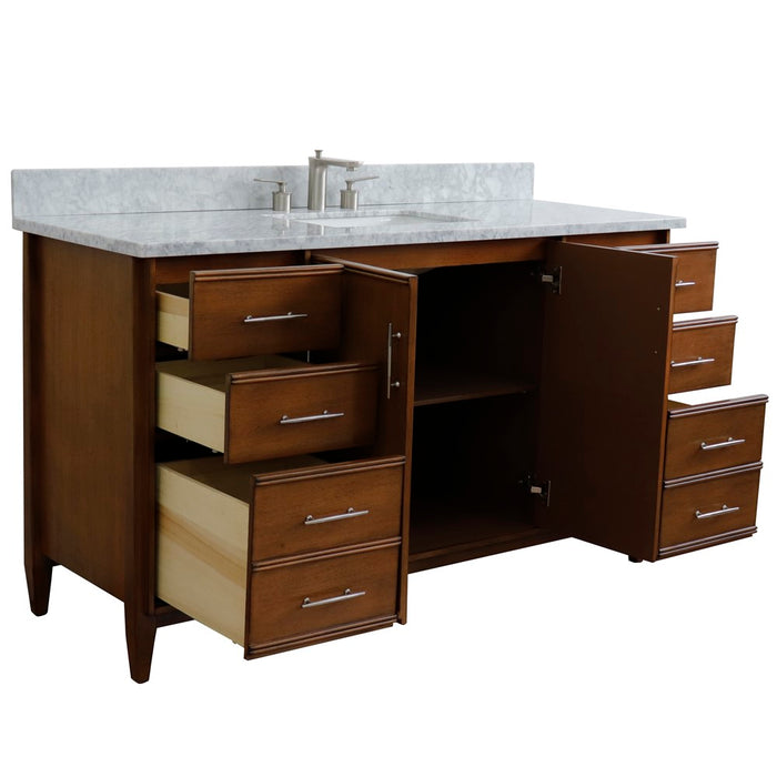 Bellaterra Home 61 in. Single Sink Vanity in Walnut Finish with White Carrara Marble and Rectangle Sink