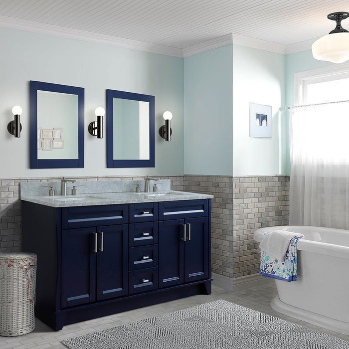 Bellaterra Home 61 in. Double Sink Vanity in Blue Finish and White Carrara Marble and Rectangle Sink