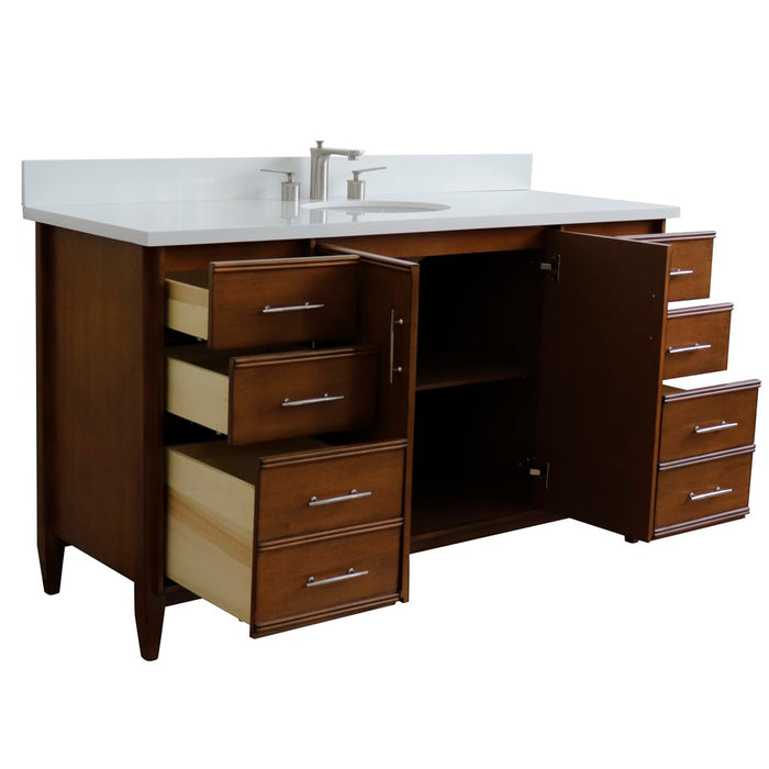 Bellaterra Home 61 in. Single Sink Vanity in Walnut Finish with White Quartz and Oval Sink