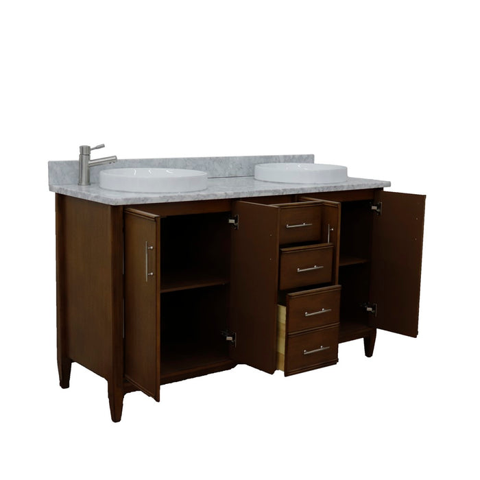 Bellaterra Home 61 in. Double Sink Vanity in Walnut Finish with White Carrara Marble and Round Sink