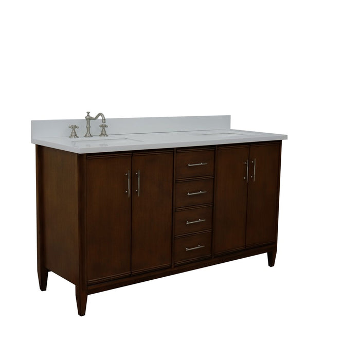 Bellaterra Home 61 in. Double Sink Vanity in Walnut Finish with White Quartz and Rectangle Sink