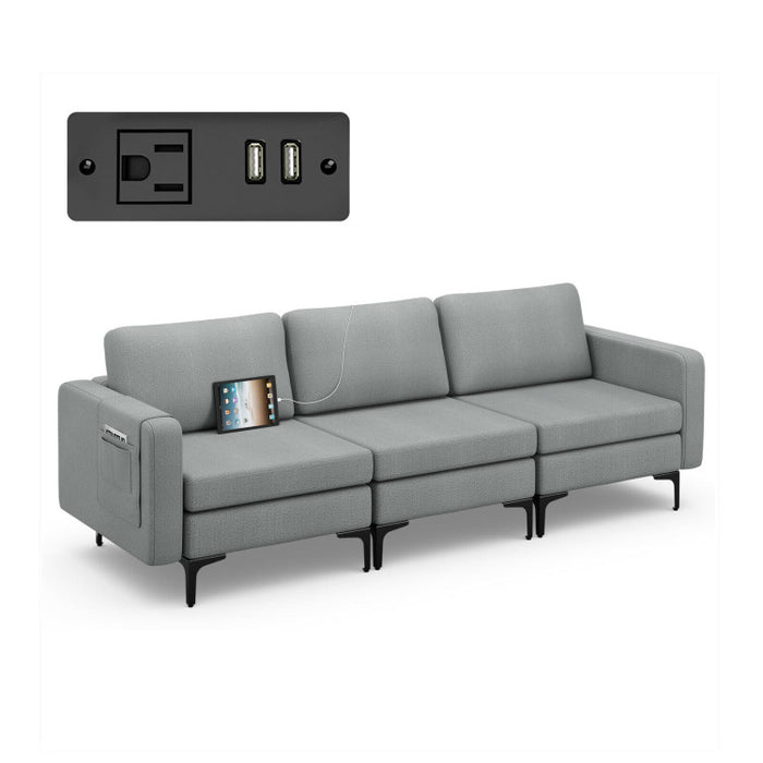 Costway 3-Seat Sectional Sofa Couch with Armrest Magazine Pocket and 2 USB Ports
