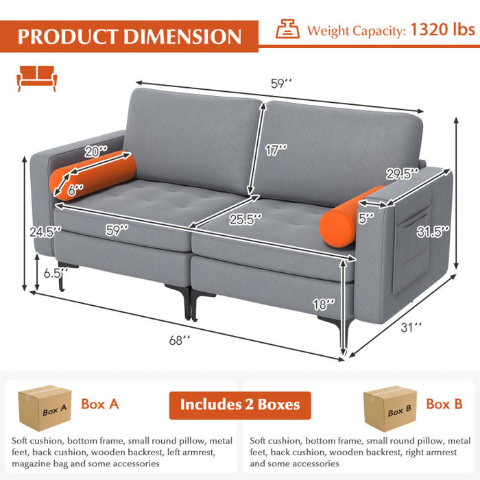 Costway Modern Loveseat Sofa with 2 Bolsters and Side Storage Pocket