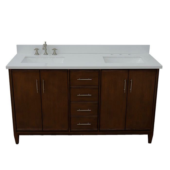 Bellaterra Home 61 in. Double Sink Vanity in Walnut Finish with White Quartz and Rectangle Sink