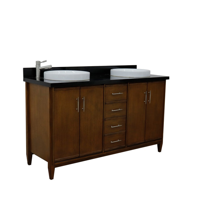 Bellaterra Home 61 in. Double Sink Vanity in Walnut Finish with Black Galaxy Granite and Round Sink