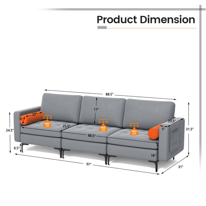 Costway Modular 3-Seat Sofa Couch with Socket USB Ports and Side Storage Pocket