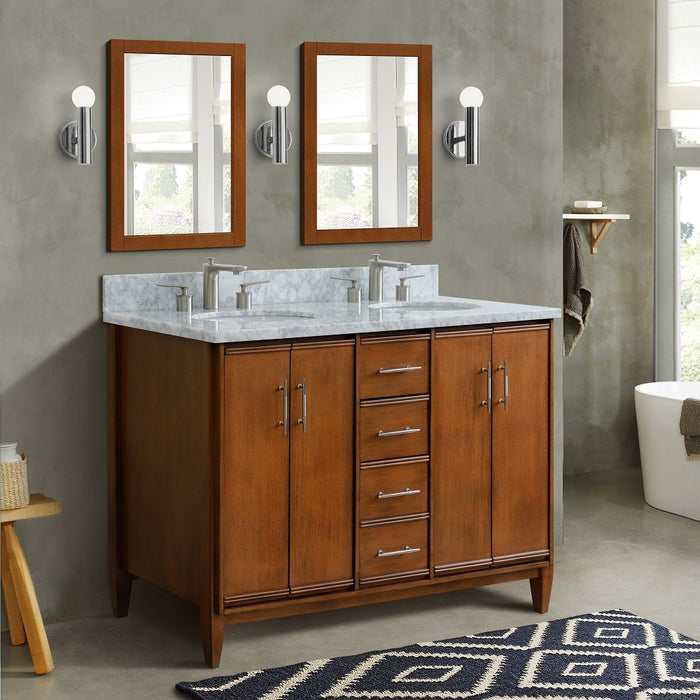 Bellaterra Home 49 in. Double Sink Vanity in Walnut Finish with White Carrara Marble and Oval Sink