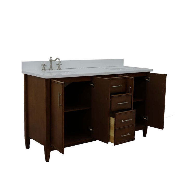 Bellaterra Home 61 in. Double Sink Vanity in Walnut Finish with White Quartz and Oval Sink