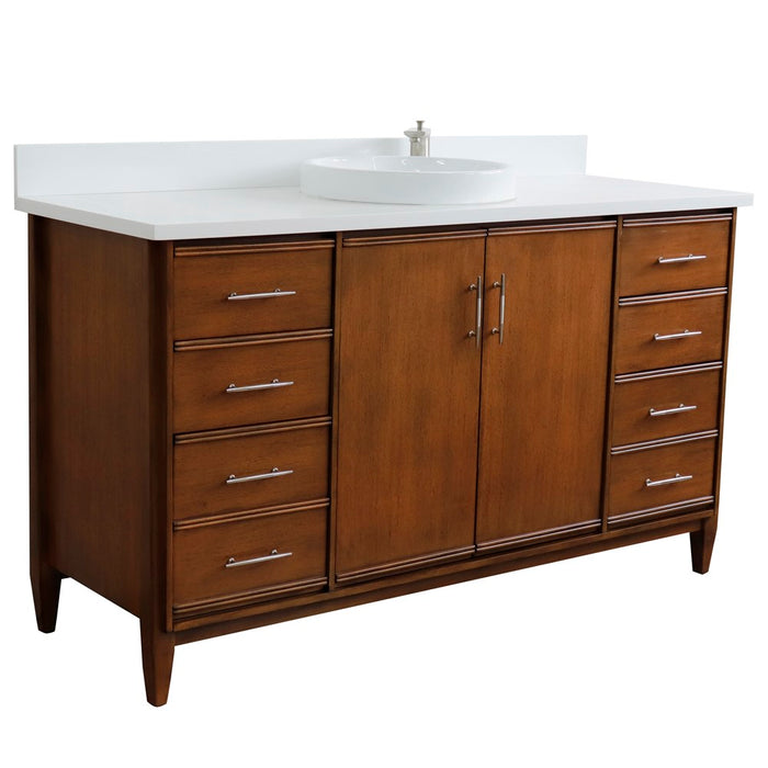 Bellaterra Home 61 in. Single Sink Vanity in Walnut Finish with White Quartz and Round Sink