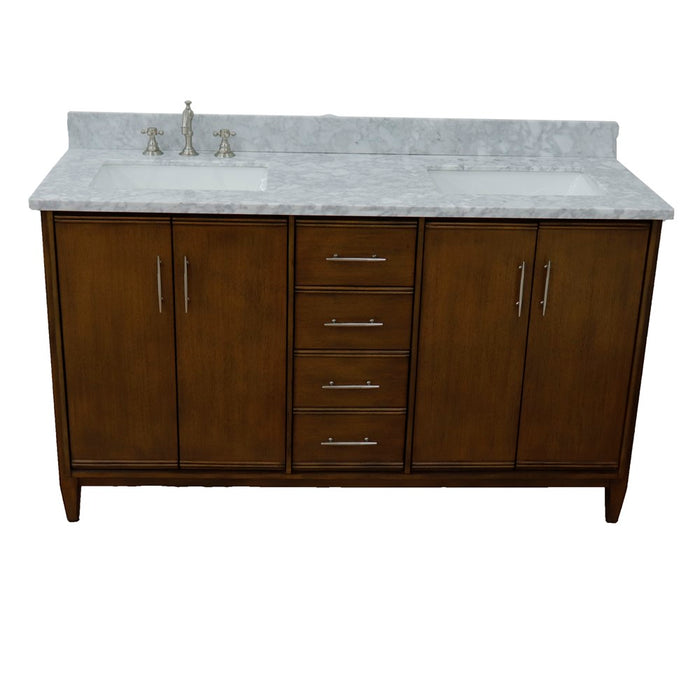 Bellaterra Home 61 in. Double Sink Vanity in Walnut Finish with White Carrara Marble and Rectangle Sink