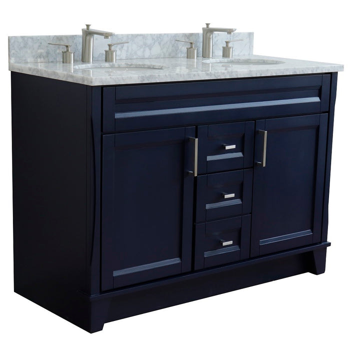 Bellaterra Home 49 in. Double Sink Vanity in Blue Finish with White Carrara Marble and Oval Sink