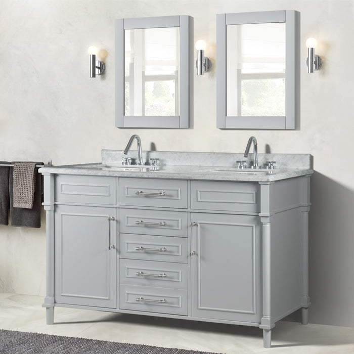 Bellaterra Home Napa 60 in. Double Vanity in Light Gray with White Carrara Marble Top with Brushed Nickel Hardware