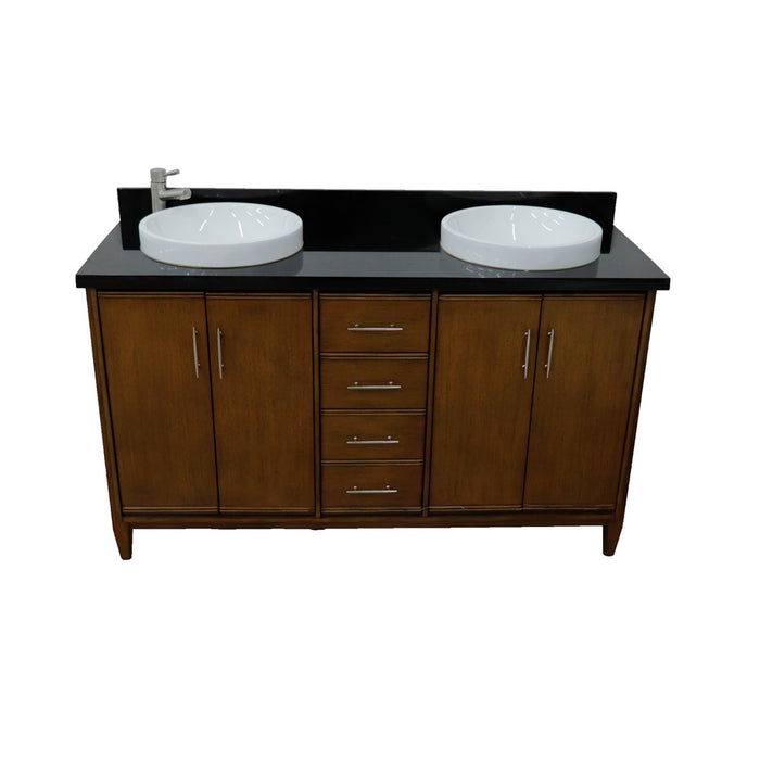 Bellaterra Home 61 in. Double Sink Vanity in Walnut Finish with Black Galaxy Granite and Round Sink