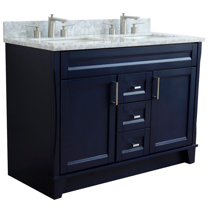 Bellaterra Home 49 in. Double Sink Vanity in Blue Finish with White Carrara Marble and Rectangle Sink