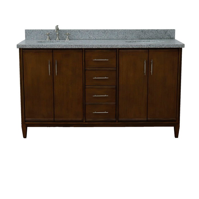 Bellaterra Home 61 in. Double Sink Vanity in Walnut Finish with Gray Granite and Oval Sink