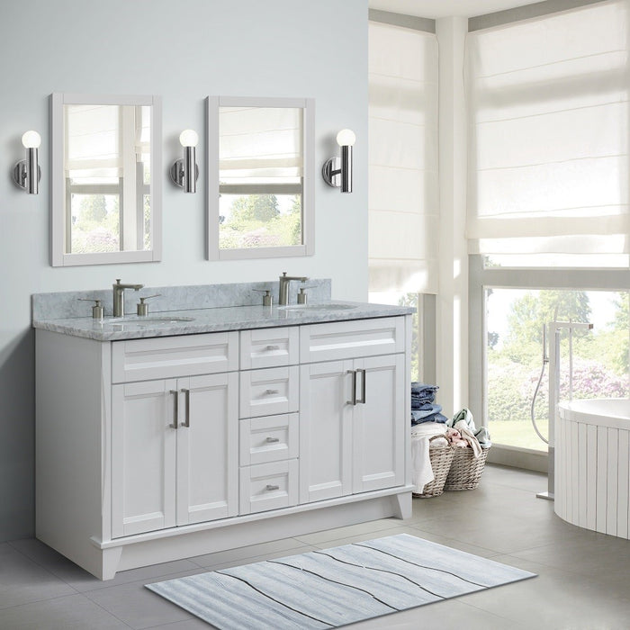 Bellaterra Home 61 in. Double Sink Vanity in White Finish and White Carrara Marble and Oval Sink