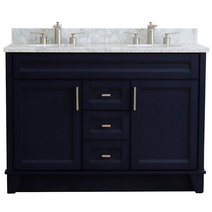 Bellaterra Home 49 in. Double Sink Vanity in Blue Finish with White Carrara Marble and Oval Sink