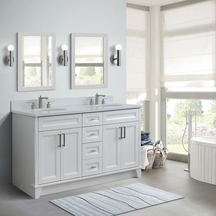 Bellaterra Home 61 in. Double Sink Vanity in White Finish and White Quartz and Oval Sink