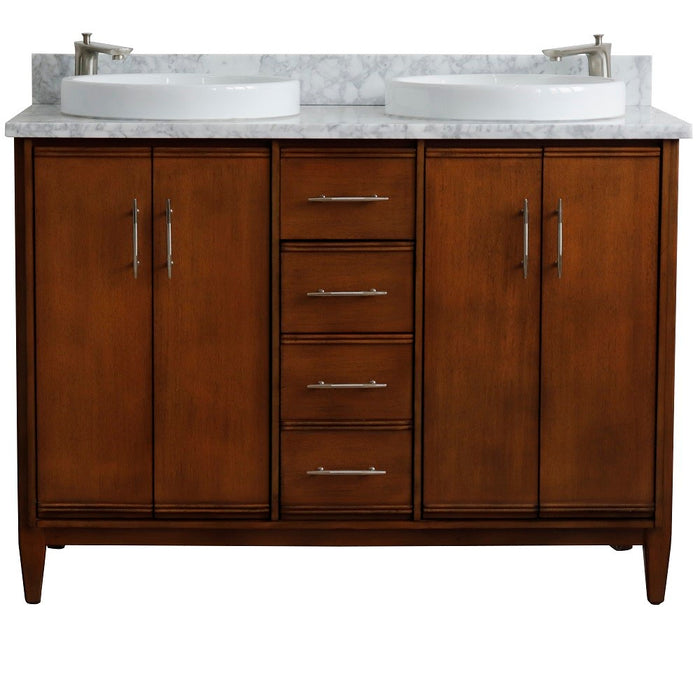 Bellaterra Home 49 in. Double Sink Vanity in Walnut Finish with White Carrara Marble and Round Sink