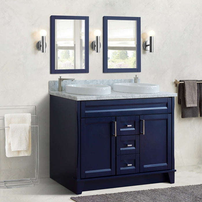 Bellaterra Home 49 in. Double Sink Vanity in Blue Finish with White Carrara Marble and Round Sink