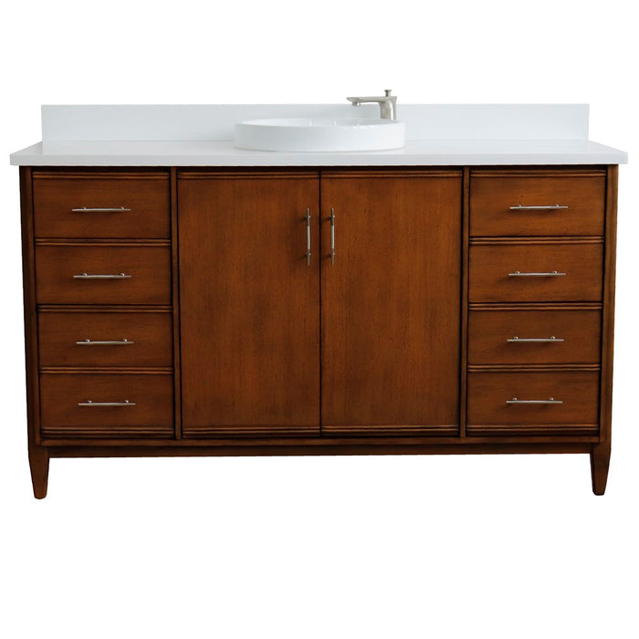 Bellaterra Home 61 in. Single Sink Vanity in Walnut Finish with White Quartz and Round Sink