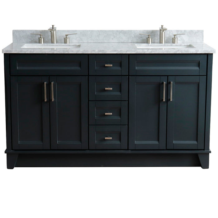 Bellaterra Home 61 in. Double Sink Vanity in Dark Gray Finish and White Carrara Marble and Rectangle Sink