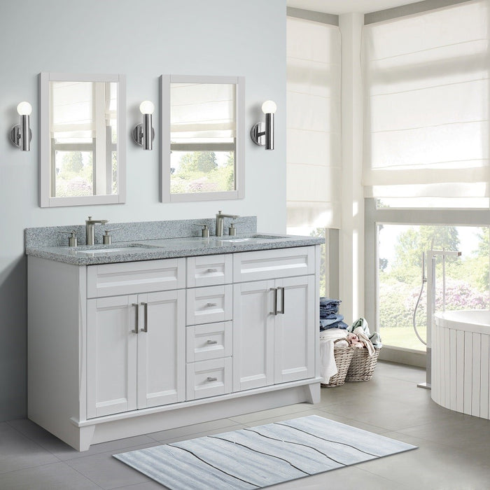 Bellaterra Home 61 in. Double Sink Vanity in White Finish and Gray Granite and Rectangle Sink