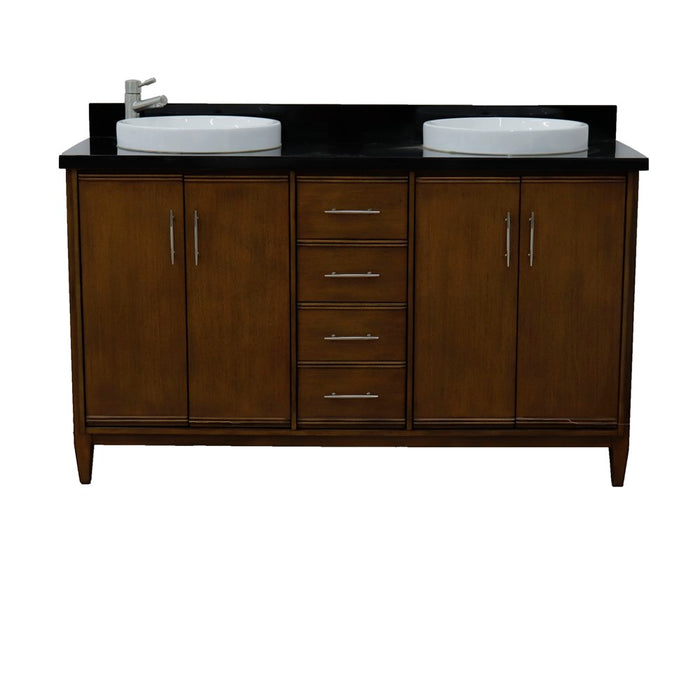 Bellaterra Home 61 in. Double Sink Vanity in Walnut Finish with Black Galaxy Granite and Round Sink