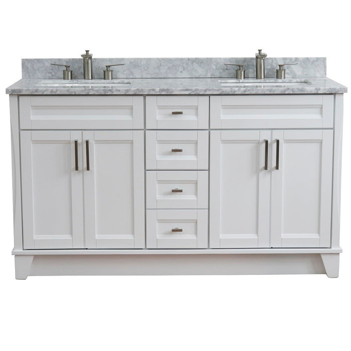 Bellaterra Home 61 in. Double Sink Vanity in White Finish and White Carrara Marble and Rectangle Sink