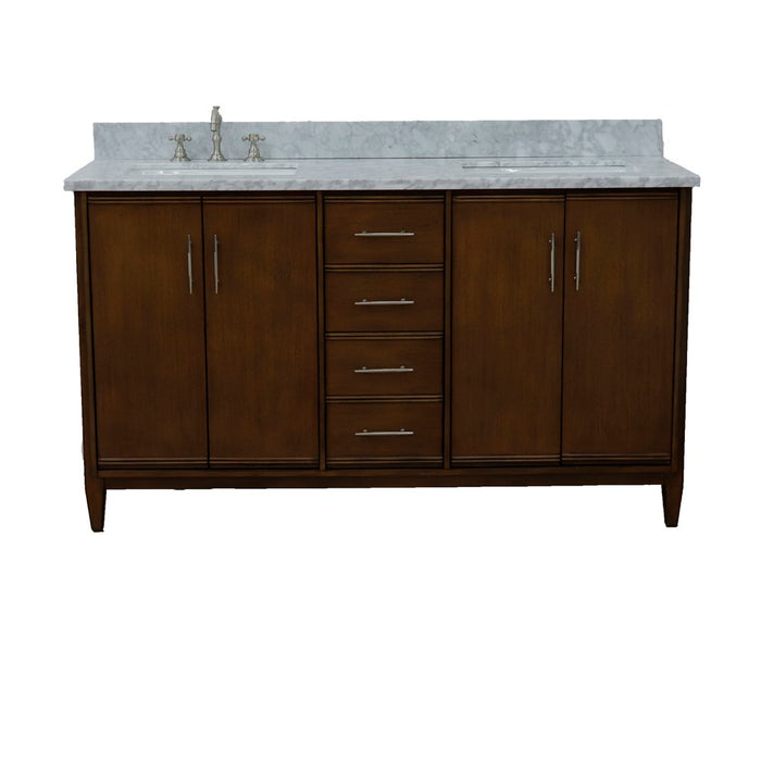 Bellaterra Home 61 in. Double Sink Vanity in Walnut Finish with White Carrara Marble and Rectangle Sink