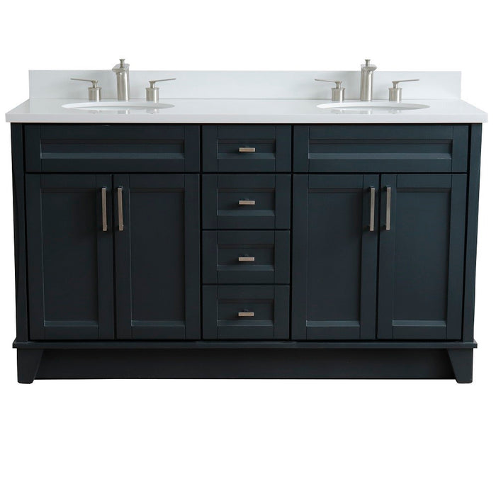 Bellaterra Home 61 in. Double Sink Vanity in Dark Gray Finish and White Quartz and Oval Sink