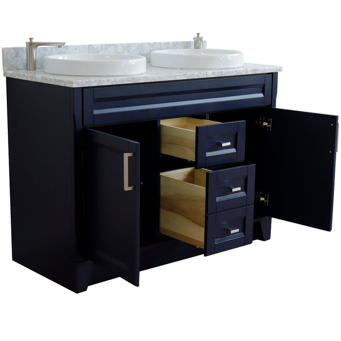 Bellaterra Home 49 in. Double Sink Vanity in Blue Finish with White Carrara Marble and Round Sink