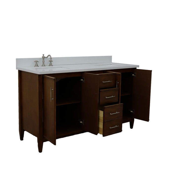 Bellaterra Home 61 in. Double Sink Vanity in Walnut Finish with White Quartz and Rectangle Sink