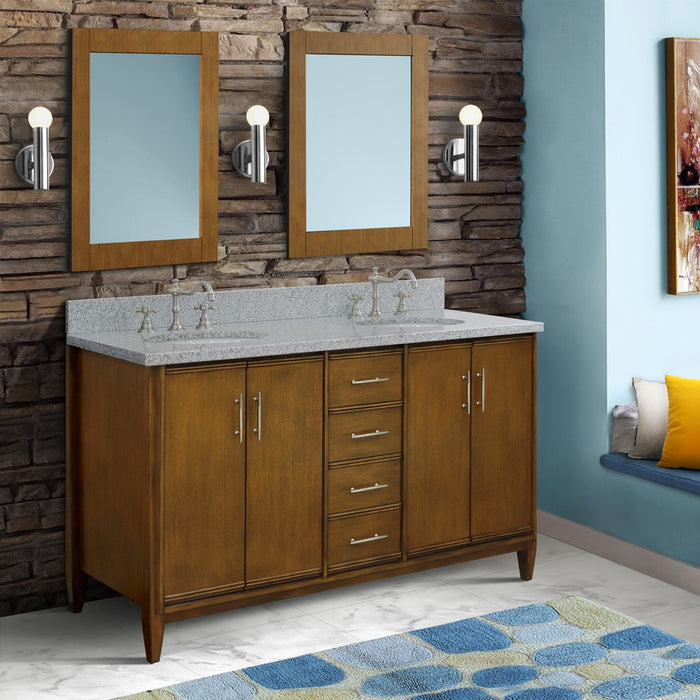 Bellaterra Home 61 in. Double Sink Vanity in Walnut Finish with Gray Granite and Oval Sink