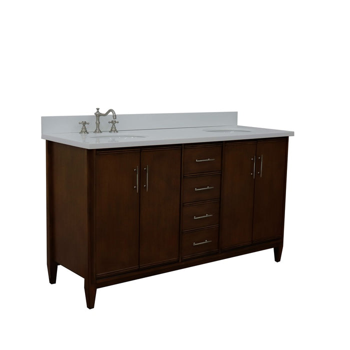 Bellaterra Home 61 in. Double Sink Vanity in Walnut Finish with White Quartz and Oval Sink