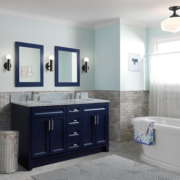 Bellaterra Home 61 in. Double Sink Vanity in Blue Finish and White Carrara Marble and Oval Sink