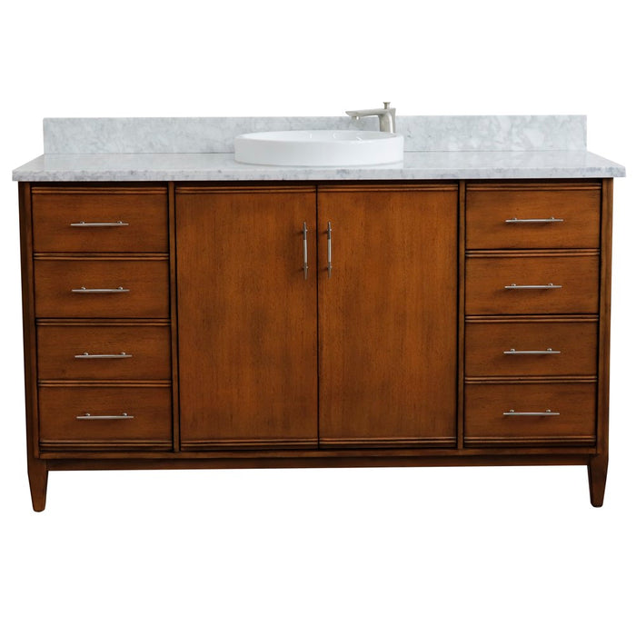 Bellaterra Home 61 in. Single Sink Vanity in Walnut Finish with White Carrara Marble and Round Sink