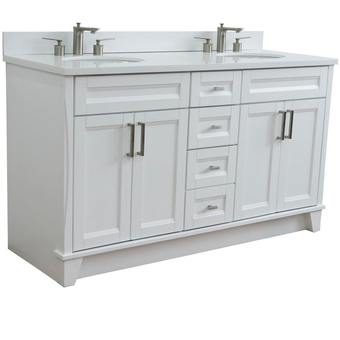 Bellaterra Home 61 in. Double Sink Vanity in White Finish and White Quartz and Oval Sink