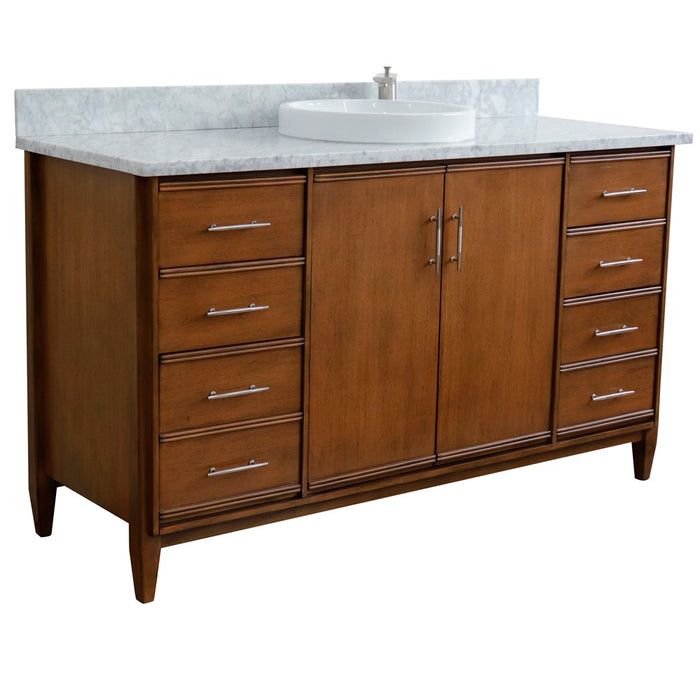 Bellaterra Home 61 in. Single Sink Vanity in Walnut Finish with White Carrara Marble and Round Sink