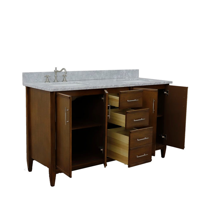 Bellaterra Home 61 in. Double Sink Vanity in Walnut Finish with White Carrara Marble and Rectangle Sink