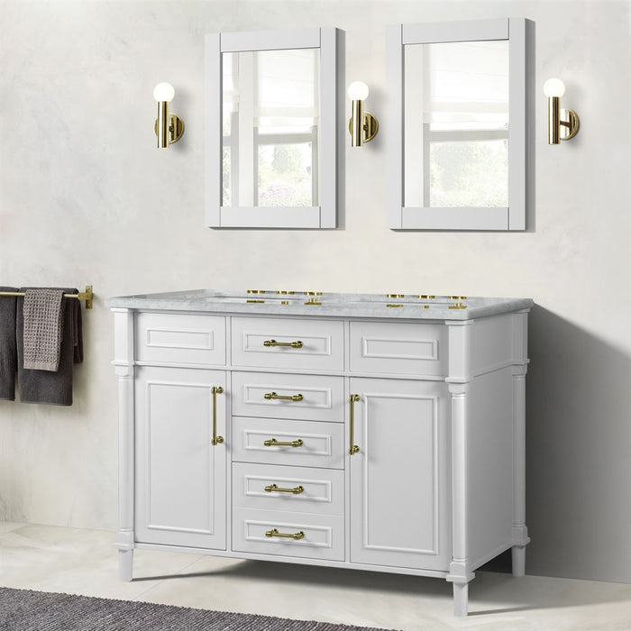 Bellaterra Home Napa 48 in. Double Vanity in White with White Carrara Marble Top with Gold Hardware