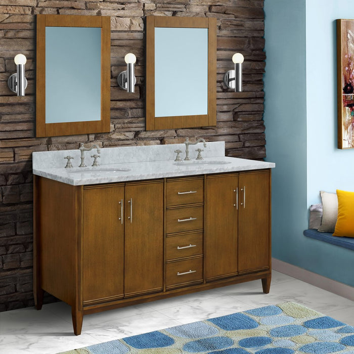 Bellaterra Home 61 in. Double Sink Vanity in Walnut Finish with White Carrara Marble and Oval Sink
