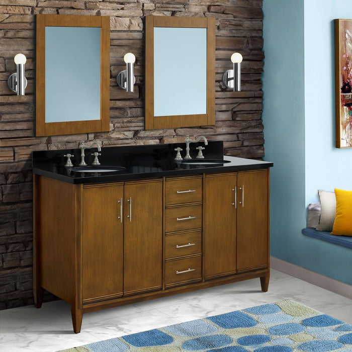 Bellaterra Home 61 in. Double Sink Vanity in Walnut Finish with Black Galaxy Granite and Oval Sink