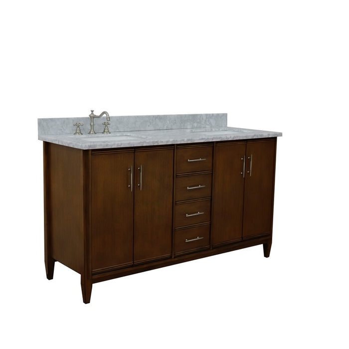 Bellaterra Home 61 in. Double Sink Vanity in Walnut Finish with White Carrara Marble and Rectangle Sink