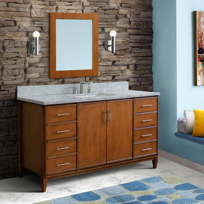 Bellaterra Home 61 in. Single Sink Vanity in Walnut Finish with White Carrara Marble and Rectangle Sink