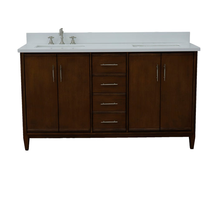 Bellaterra Home 61 in. Double Sink Vanity in Walnut Finish with White Quartz and Rectangle Sink