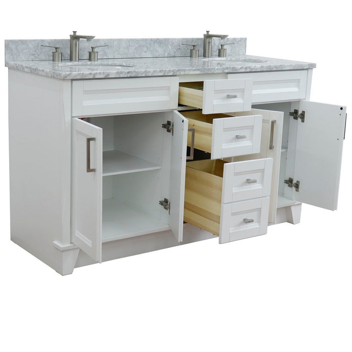 Bellaterra Home 61 in. Double Sink Vanity in White Finish and White Carrara Marble and Oval Sink